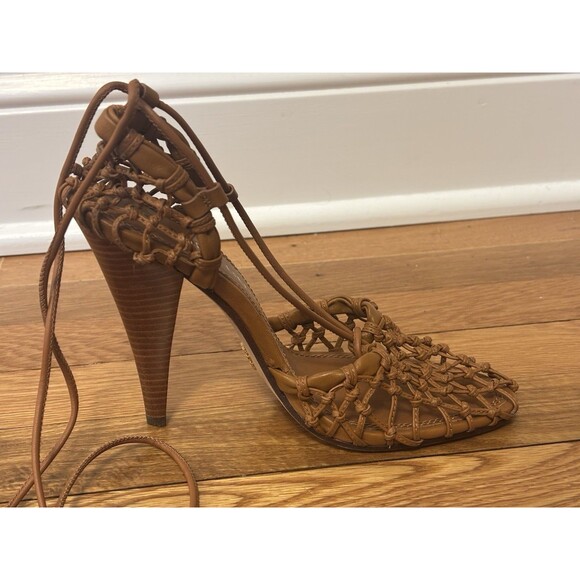 Tory Burch Helena Mesh 110mm Lace Up Pumps Heels Brown leather Strap Size 8 - Picture 4 of 16